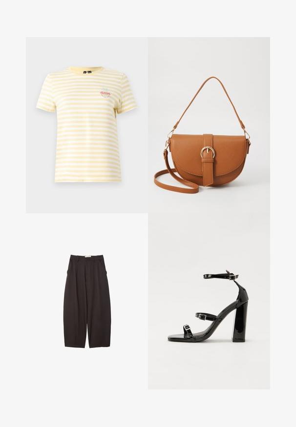 Keltainen ja valkoinen raidallinen t-paita, jossa on lyhyet hihat ja pyöreä kaula-aukko. Siinä on brodeerattu "Kesä" -grafiikka ja palmun yksityiskohta.; Mustat leveälahkeiset housut, jotka on valmistettu sileästä kankaasta. Niissä on korkea vyötärö, etupleatsit ja sivutaskut. Yksinkertainen muotoilu ilman koristeita.; Musta kiiltäväpintainen korkokengät, joissa on kaksi solkikiinnitystä, neliönmuotoinen kärki ja paksu korko, sileällä, kiiltävällä pintarakenteella.; Ruskean nahkainen olkalaukku, jossa on kaareva muoto, kultaiset yksityiskohdat ja solkiyksityiskohta. Varustettu irrotettavalla olkahihnalla.