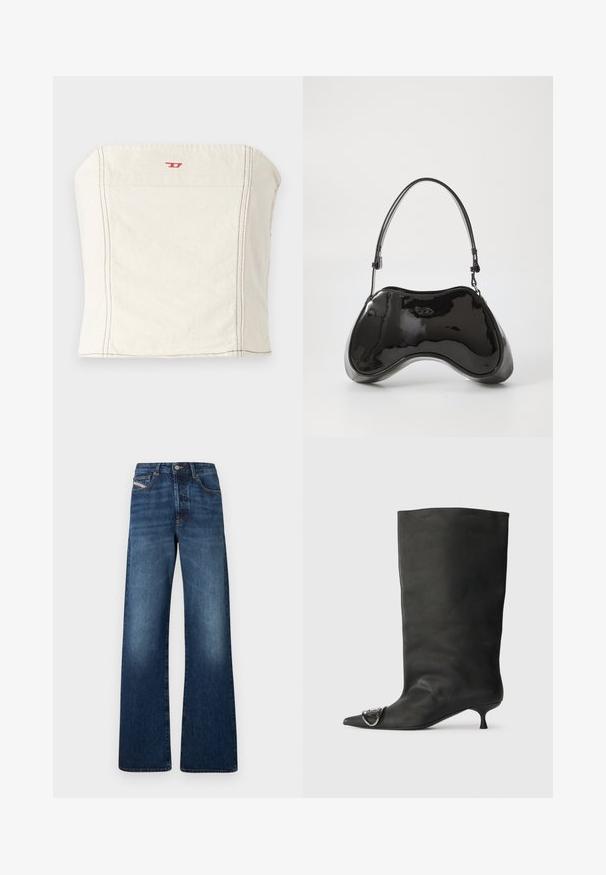 Šviesiai smėlinis, prigludęs trumpas marškinėlis, pagamintas iš medvilnės, turintis tiesų dekoleto iškirpimą, minimaliai siuvinėtas ir su maža raudona logotipu priekyje.; Plati kojų džinsai tamsiai mėlynos spalvos džinso audinio, su aukštu liemeniu, penkiomis kišenėmis ir kontrastinga siuvimo siūlė palei siūles.; Juodas odinis kulkšninis batas su smailiu pirštu, maža pakulne ir metaline akcentu ant piršto. Lygus, matinio paviršiaus tekstūra visame batus.; Juodas lakuotas odos rankinės maišelis su unikalia kreiva forma, trumpu reguliuojamu rankenėle ir užtrauktuku viršuje. Lygus tekstūra su subtiliu ženklinimu.