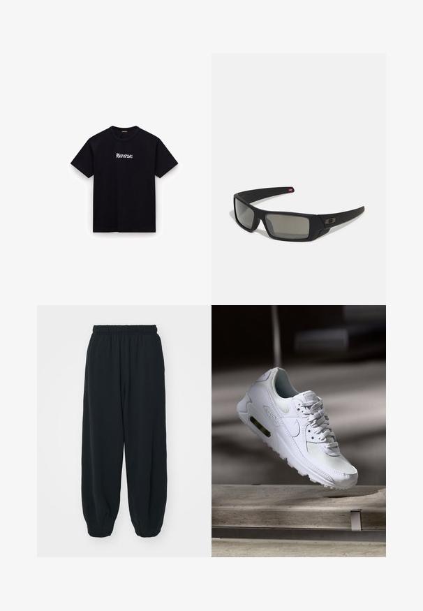 Čierne bavlnené tričko s okrúhlym výstrihom, krátkymi rukávmi a bielym štýlovým textovým logom na hrudi. Hladká textúra, voľný strih.; Čierne tepláky s elastickým pásom, vo voľnom strihu, s manžetami na členkoch, hladkej textúry a bez viditeľných vzorov alebo kovových doplnkov.; Biele tenisky Nike Air Max 90 s vrchnou časťou z kože a sieťoviny, perforovanou špičkou a viditeľnou vzduchovou jednotkou v päte.; Čierne slnečné okuliare s matným povrchom, obdĺžnikové šošovky, mierna krivka na straničkách, nenápadný detail loga a šošovky so zafírovaným tónovaním.