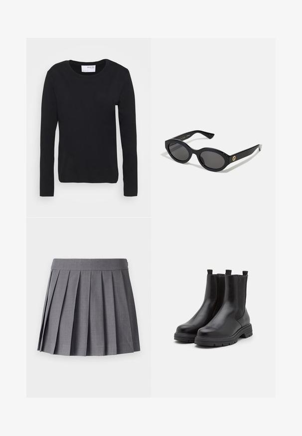 Schwarzes Langarm-T-Shirt aus weichem Baumwollmaterial, mit Rundhalsausschnitt und schlichtem, nahtlosem Design ohne Muster oder Akzente.; SOMETHINGNEW SNMEGAN MINI - Faltenrock - harbor mist; Schwarze Leder-Stiefeletten mit elastischen Seiteneinsätzen, runder Zehenform und dicker Gummisohle. Mit Zuglaschen für einfaches An- und Ausziehen.; Schwarze ovale Sonnenbrille mit dunklen Gläsern und glänzendem Kunststoffrahmen. Mit goldenem Logo am Bügel, das ein elegantes und modernes Design bietet.