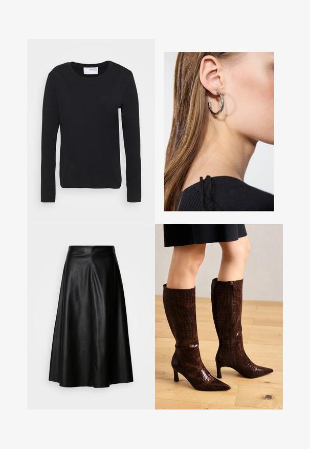Schwarzes Langarm-T-Shirt aus weichem Baumwollmaterial, mit Rundhalsausschnitt und schlichtem, nahtlosem Design ohne Muster oder Akzente.; Schwarze Lederrock mit ausgestelltem Design, knie-lang, mit einer glatten Textur und einem sauberen, nahtlosen Rücken für einen eleganten Look.; Braune knielange Stiefel mit Krokodilstruktur, spitz zulaufender Zehenpartie und niedrigem Absatz. Verfügt über einen seitlichen Reißverschluss zum Verschließen und hat ein glänzendes Finish.; Silberne Creolen mit polierter Oberfläche, die kleine goldene Akzentdetails und eine runde Form aufweisen, am Ohrläppchen getragen.