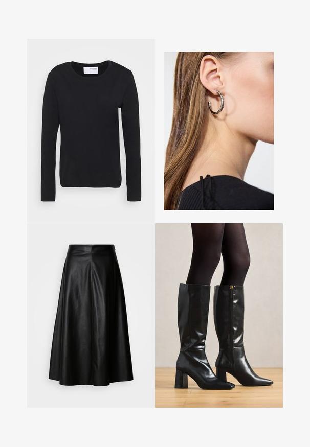Black long-sleeve t-shirt made from soft cotton material, featuring a crew neckline and simple, seamless design without any patterns or accents.; Black leather skirt with a flared design, knee-length, featuring a smooth texture and a clean, seam-structured back for a tailored look.; Knee-high black leather boots with a glossy finish, pointed toe, and chunky heel. Side zipper detail for easy wear.; Silver hoop earring with a polished finish, featuring small gold accent details and a round shape, worn on the lobe.