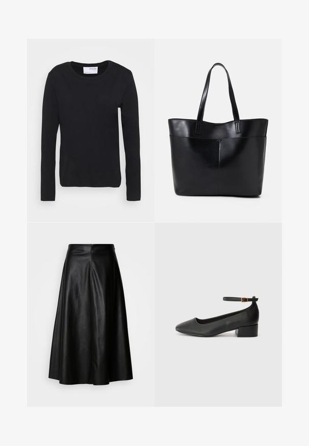 Mustat pitkähihainen t-paita, joka on valmistettu pehmeästä puuvillamateriaalista, jossa on pyöreä pääntie ja yksinkertainen, saumatonta muotoilua ilman kuvioita tai koristeita.; Musta nahkahame, jossa on levenevä muotoilu, polvipituinen, sileä rakenne ja siisti saumanrakenteinen takaosa antamassa rennon ilmeen.; Mustat nahkakengät, joissa on terävä kärki ja matala lohkare korko. Varustettu nilkkahihnalla, jossa on kultasävyinen solki. Lisää sileä pinta.; Musta nahkainen kassi, jossa on kaksi pitkää kahvaa, sileä pinta ja jämäkkä muoto. Sisältää etutaskun lisävarastointia varten.