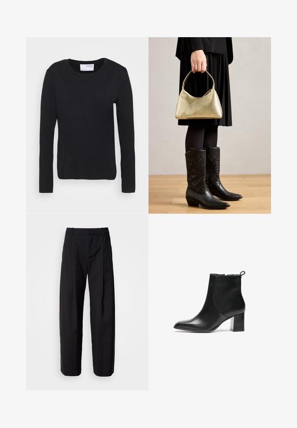 Schwarzes Langarm-T-Shirt aus weichem Baumwollmaterial, mit Rundhalsausschnitt und schlichtem, nahtlosem Design ohne Muster oder Akzente.; Schwarze Hosen mit lockerer Passform, gefaltetem Bund und Gürtelschlaufen. Glattes Material und gerade Beine mit seitlichen Taschen.; Schwarze Leder-Ankle-Boots mit runder Spitze, moderatem Blockabsatz und einer Schlaufe an der Rückseite. Glatte Textur, minimales Design.; Goldfarbene Handtasche mit strukturierter Oberfläche in geschwungener Form und kurzem Griff, gehalten von einer Person in einem schwarzen plissierten Rock und schwarzen Leder-Stiefeln im Cowboy-Stil.