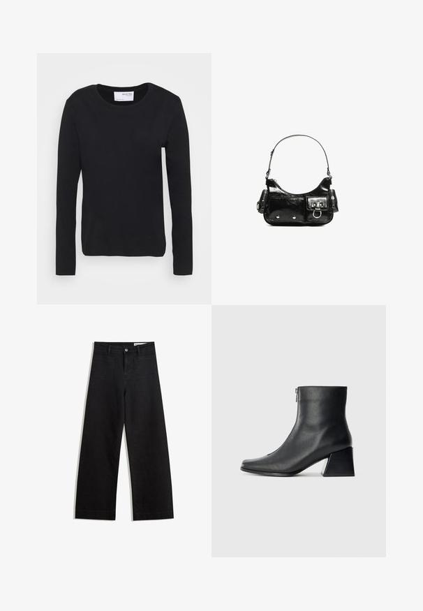 Černé tričko s dlouhým rukávem vyrobené z měkké bavlny, s kulatým výstřihem a jednoduchým, bezšvovým designem bez jakýchkoli vzorů nebo akcentů.; Černé denimové kalhoty s volným střihem a vysokým pasem, vybavené předními a zadními kapsami, prošívanými švy a knoflíkovým zapínáním. Hladká textura.; Černá kožená kotníková bota se čtveratým špičkou, bočním zipem a blokovým podpatkem na jednobarevném světlem pozadí.; Černá lakovaná kožená kabelka s křivkovým tvarem, jedním ramenním popruhem, předními kapsami a stříbrnými kovovými detaily.