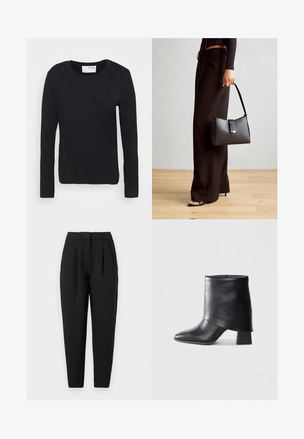 Camisola preta de manga longa feita de algodão macio, com decote redondo e design simples e sem costuras, sem padrões ou detalhes.; Calças pretas com um corte reto, apresentando pregas na frente, uma textura suave e bolsinhos laterais. A cintura tem altura padrão.; Bota de tornozelo em couro preto com bico afilado, textura suave e um salto bloco estruturado. Apresenta um design de cano alto e dobrado.; Bolsa preta com forma estruturada, textura suave e um fecho metálico. Combinada com calças largas pretas e sandálias de salto aberto sobre um chão de madeira.