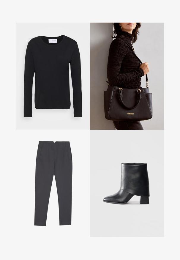 Camisola preta de manga longa feita de algodão macio, com decote redondo e design simples e sem costuras, sem padrões ou detalhes.; Calças cinza-escuras ajustadas com bolsos laterais e pregas frontais, desenhadas para um ajuste sob medida.; Bota de tornozelo em couro preto com bico afilado, textura suave e um salto bloco estruturado. Apresenta um design de cano alto e dobrado.; Bolsa preta com superfície texturizada, alças superiores duplas e alça de ombro ajustável. Apresenta ferragens em tom dourado e bolsos laterais.