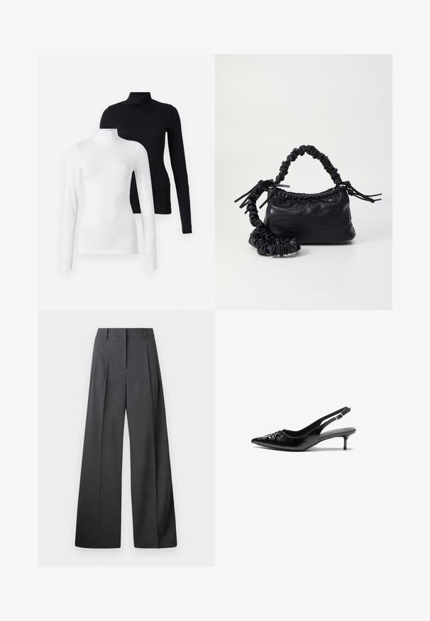 Két hosszúujjú garbó: az egyik fehér, a másik fekete. Mindkettő testhezálló szabású és puha, rugalmas anyagból készült.; Széles szárú nadrág sötétszürke anyagból, magas derekú, egyes redőkkel, sima textúrával és tiszta befejezéssel a szegélyeken.; Fekete bőrből készült, pántos magassarkú cipő hegyes orral, alacsony cicás sarokkal, és fodros részlettel a lábfején. Simább felület és minimalista design.; Fekete műbőr kézi táska krokodil bőr textúrával, összehúzható tetejű és gyűrt pánttal. Lágy és kompakt dizájnúnak tűnik.