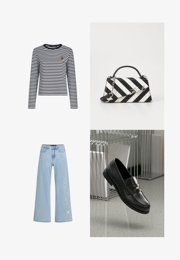 Melna un baltā svītraina ilggala krekls ar apaļu kakla izgriezumu un mazu izšūtu rakstu uz krūtīm. Mīksta auduma.; Gaiši zili plats kāju džinsi no denima ar izšūtu "Donald un Džesika" tekstu kreisajā kājā. Iespējo klasisko piecu kabatu dizainu un jostas cilpas.; Melnas ādas loafer kurpes ar gludu apdari, kurām ir dekoratīvs bands un neliela zelta akcenta detaļa. Zole ir plakana ar noapaļotu pirkstu.; Melnām un baltām svītrām rotāta rokassoma ar strukturētu formu, ar augšējo rokturi, noņemamu ķēdes siksnu un metāla logotipa akcentu.