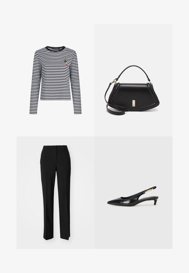 Long-sleeve striped shirt in black and white, featuring a round neckline and a small embroidered character on the chest. Soft fabric.; Black tailored trousers with a straight-leg design, featuring a smooth texture and crisp creases along the front. No visible hardware.; Black leather slingback heels with a pointed toe, featuring a slim heel and a gold-tone accent on the adjustable strap. Smooth texture.; Black leather handbag with a structured design, featuring a cropped shape, top handle, and gold hardware accent. Adjustable shoulder strap included.
