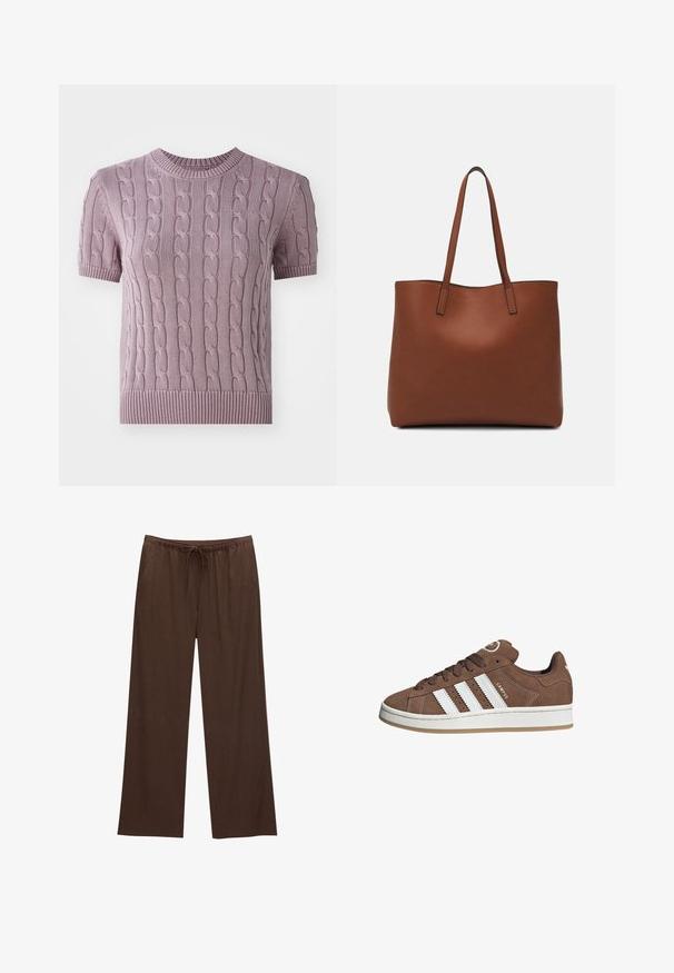 Short-sleeve, cable-knit sweater in light purple. Features a ribbed neckline and hem, with a textured pattern throughout the body.; Brown wide-leg pants made from soft fabric, featuring an elastic waistband with a drawstring and two side pockets.; Brown suede sneakers with white leather stripes, rubber sole, rounded toe, and lace-up front. Features a logo on the tongue and perforated accents.; Brown leather tote bag with a smooth texture, open top design, and two shoulder straps. Features minimal stitching and no visible hardware.