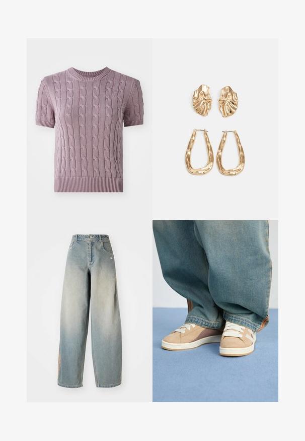 Krátký rukáv, svetr s kabelovým pletením ve světle fialové barvě. Má žebrovaný límec a spodní lem a na těle má strukturovaný vzor.; Světle modré džíny s širokými nohavicemi a vybledlým vzhledem. Obsahují přední kapsy, zapínání na knoflík a jemné logo na pase.; Béžové tenisky vyrobené ze suede a textilních materiálů, s bílými tkaničkami, světle hnědými akcenty a texturovanou podrážkou. Nosit s volnými modrými džínovými kalhotami.; Náušnice ve zlatém tónu s texturovanými, vlnitými tvary. Obsahují sochařské klipy a design otevřeného kruhu s kladivkovým povrchem.