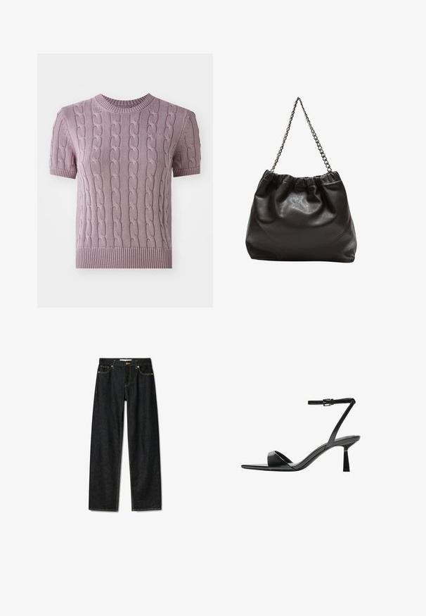 Krótki sweter z krótkim rękawem, wykonany z dzianiny w kolorze jasnopurpurowym. Posiada ribbowany dekolt i dół, a także teksturowany wzór w całej części środkowej.; Ciemnogranatowe dżinsy o prostym kroju, z zamkiem na mosiężny guzik i kontrastującym żółtym przeszyciem. Posiadają pięć kieszeni i klasyczny krój.; Bershka - Sandały na obcasie; Brązowa skórzana torba z marszczonym szczytem i łańcuszkowym paskiem. Gładka tekstura z błyszczącym wykończeniem i subtelnymi detalami szwów po bokach.
