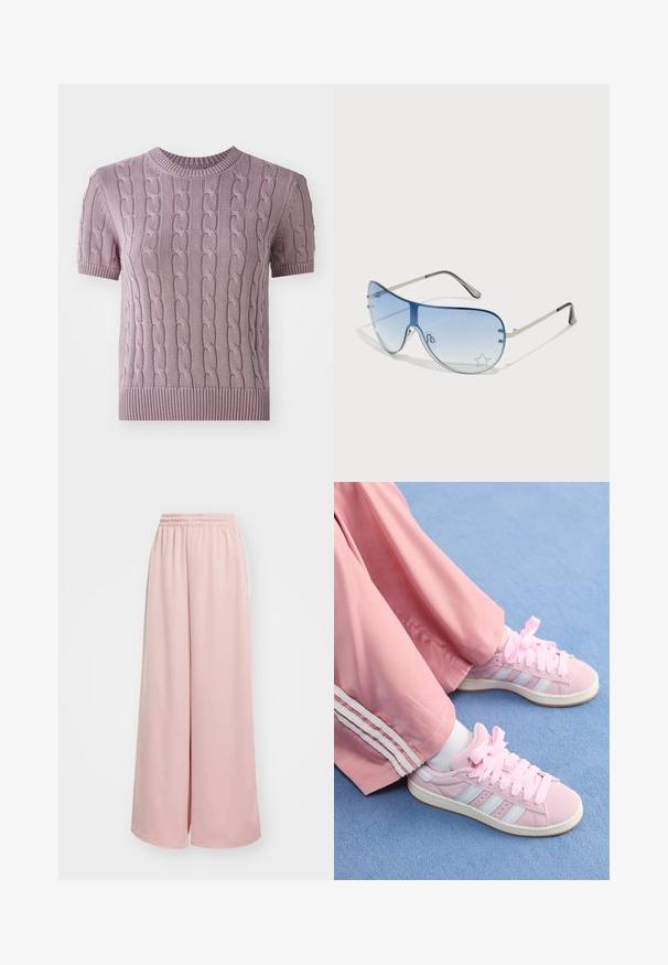 Maglione a maniche corte, lavorato a maglia a trecce in viola chiaro. Presenta un collo e un orlo a coste, con un motivo testurizzato su tutta la parte centrale.; Pantaloni ampi rosa chiaro con vita elastica. Tessuto morbido con tasche laterali e un leggero logo sulla gamba sinistra.; Scarpe da ginnastica rosa con strisce azzurro chiaro, punta tonda e spesse lacci rosa, abbinate a pantaloni da jogging rosa con strisce bianche ai lati.; Occhiali da sole aviator con lenti blu sfumate, montatura in metallo argentato e decorazioni a forma di stella sulle lenti. Design liscio e sofisticato.