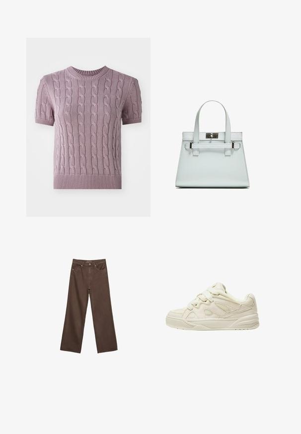 Pulover s kratkimi rokavi iz pletenine v svetlo vijolični barvi. Ima rebrast ovratnik in rob, ter teksturiran vzorec po celotnem telesu.; Široke rjave kavbojke iz denima, ki imajo visok pas, sprednje žepe in klasično zapiranje na gumb. Gladka tekstura s subtilnim šivom.; Bež tenisice z teksturirano zgornjo površino, izrazitimi vezalkami, mrežastimi paneli in debelim podplatom. Ukrivljena zasnova z oblazinjeno ovratnikom za udobje.; Svetlo modra torbica z oblikovano zasnovo, dvema ročkama in kljuko iz srebrno-toniranega materiala. Teksturni material in ostri koti.