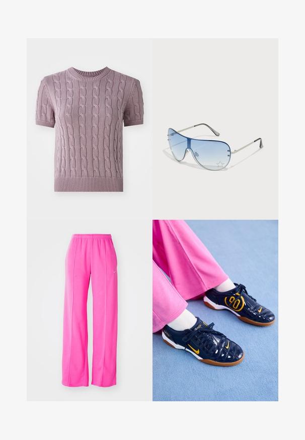 Krátky rukáv, sveter s pleteným vzorom v svetlofialovej farbe. Má rebrovaný výstrih a lem, s textúrovaným vzorom po celom tele.; Ružové, voľné, ľahké tepláky s elastickým pásom a bočnými švami. Obsahujú malé logo blízko horného ľavého stehna.; Námornícke syntetické tenisky s oranžovými akcentmi, s textúrovaným zvrškom, bielou podrážkou a čiernymi šnúrkami. Skombinované s ružovými širokými nohavicami.; Pilotné slnečné okuliare s prechodovým modrým sklom, strieborným kovovým rámom a ozdobnými hviezdičkovými akcentmi na sklách. Hladký a elegantný dizajn.