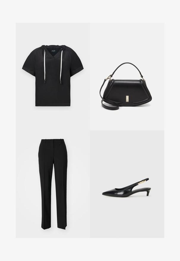 Black short-sleeve top with a V-neck and adjustable drawstring at the collar. Made of soft fabric with a smooth texture.; Black tailored trousers with a straight-leg design, featuring a smooth texture and crisp creases along the front. No visible hardware.; Black leather slingback heels with a pointed toe, featuring a slim heel and a gold-tone accent on the adjustable strap. Smooth texture.; Black leather handbag with a structured design, featuring a cropped shape, top handle, and gold hardware accent. Adjustable shoulder strap included.