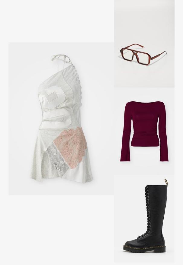 Gina Tricot SOFT TOUCH BOATNECK TOP - Pitkähihainen paita - zinfandel; Asymmetrisk kjole har grått stoff med applikert design, inkludert hvite og lys rosa blonder, samt et stort hvitt nummer 26.; Mustat polvipituiset nahkasaappaat, joissa on paksu pohja, nauhoitus edessä, metalliset silmukat ja kontrastiväriset keltaiset tikkausompeleet.; Ruskeista läpinäkyvistä ylisuurista laseista, joissa on suorakulmaiset linssit ja hoikat varsiosat. Kulmat ovat viistetyt ja hieman pyöristetyt, ja näkyviä varusteita on lisätty.