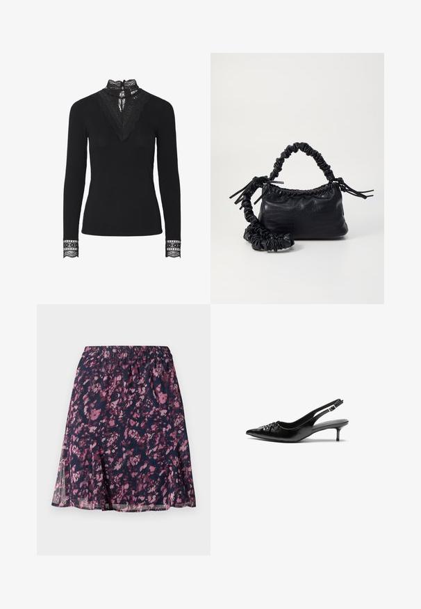 Mustad ribaga top pikkade varrukatega ja kõrge pitsist kaelusega. Silmapaistvad pitsid kaela- ja mansettide ääres lisavad tekstuuri ja detaile.; Tumesinine seelik elastse vöökohtaga, millel on roosa ja lilla abstraktne lillemuster ning kerge flare allservas.; Musthave nahkased kõrged kontsad, millel on terav varvas, väike kitten-kont ja dekoratiivne sõlm ees. Ühtlane sile tekstuur.; Must must sünteetilisest nahast käekott, millel on krokodillimuster, kokku tõmmatav ülaosa ja kortsus rihm. Tundub pehme ja kompaktne disain.