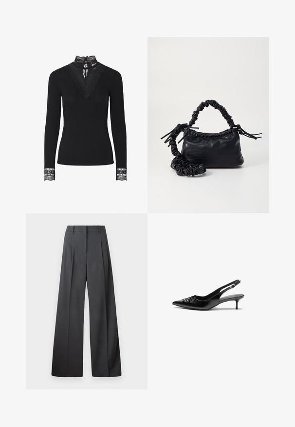 Svart ribbet topp med lange ermer og høy blondekrage. Merkbare blonde detaljer ved halsen og mansjettene gir tekstur og detalj.; Vide bukser i mørkegrått stoff med høy livlinje, enkel press, og en glatt tekstur med en ren finish på ermekantene.; Sorte skinnert remsandaler med spiss tå, liten kittenhæl og en dekorativ knute detalj foran. Glatt tekstur gjennom hele.; Svart faux skinn-håndveske med krokodilletekstur, strammet topp og en rynket stropp. Ser myk og kompakt ut i designen.