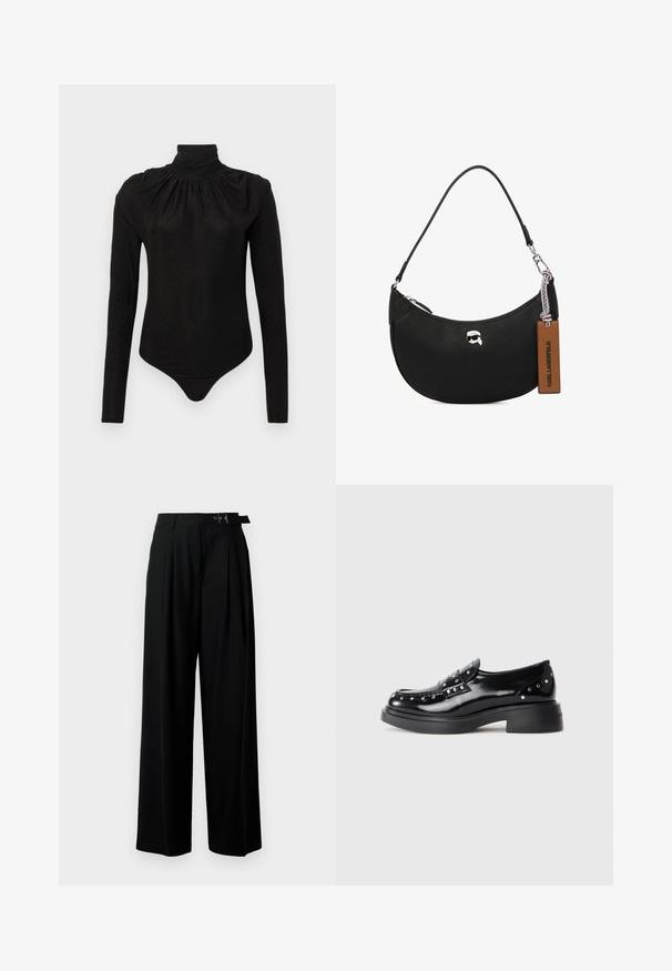 Zwart langärmelig bodysuit met een hoge, geplooide col en een aansluitende silhouet, ontworpen voor vrouwen.; Zwarte wijde broek met hoge taille, plooien aan de voorkant en een riem met een gesp. Gemaakt van glad, lichtgewicht stof.; Zwarte gepatineerde leren instappers met decoratieve zilveren studs, ronde neus, lage blokhak en een gladde, glanzende textuur.; Zwarte leren handtas met een steentjesstructuur, gebogen vorm, bovenste ritsluiting, zilverkleurige hardware en een bruine label. Bevat een logo-accent.