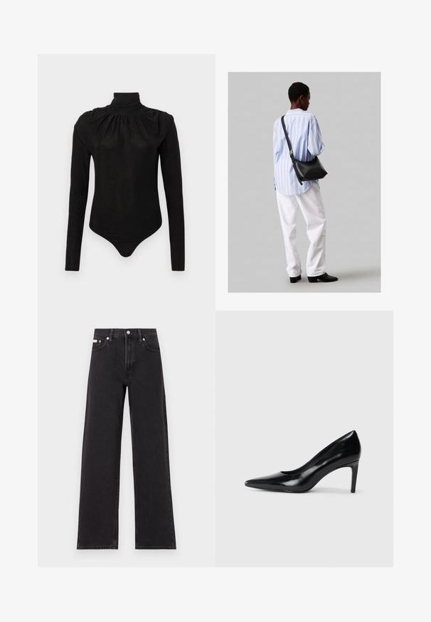 Svart langermet body med høy, rynket polokrage og tettsittende silhuett, designet for kvinner.; Svart bredbente jeans laget av denim, med høy livvidde, fem lommer, og metallknapp med kontrasterende søm.; Sorte skinnhøye hæler med spiss tå, glatt tekstur og avsmalnet hæl. Minimalistisk design, ingen ekstra dekorasjoner.; Svart lær skulderveske med en myk tekstur, trekantet form og justerbar stropp, kombinert med en lyseblå stripete skjorte og hvite bukser.