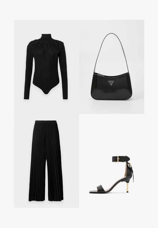 Black long-sleeve bodysuit with high gathered turtleneck and fitted silhouette, designed for women.; Black wide-leg pants with vertical pleats and a fitted waistband, displayed front-facing on a plain white background.; Black leather heeled sandal with a square toe, ankle strap featuring a gold buckle, and a slender metallic heel. Smooth texture, minimalist design.; Black patent leather shoulder bag with a curved shape, featuring a silver triangle logo and a zipper closure. Smooth texture and slim strap.