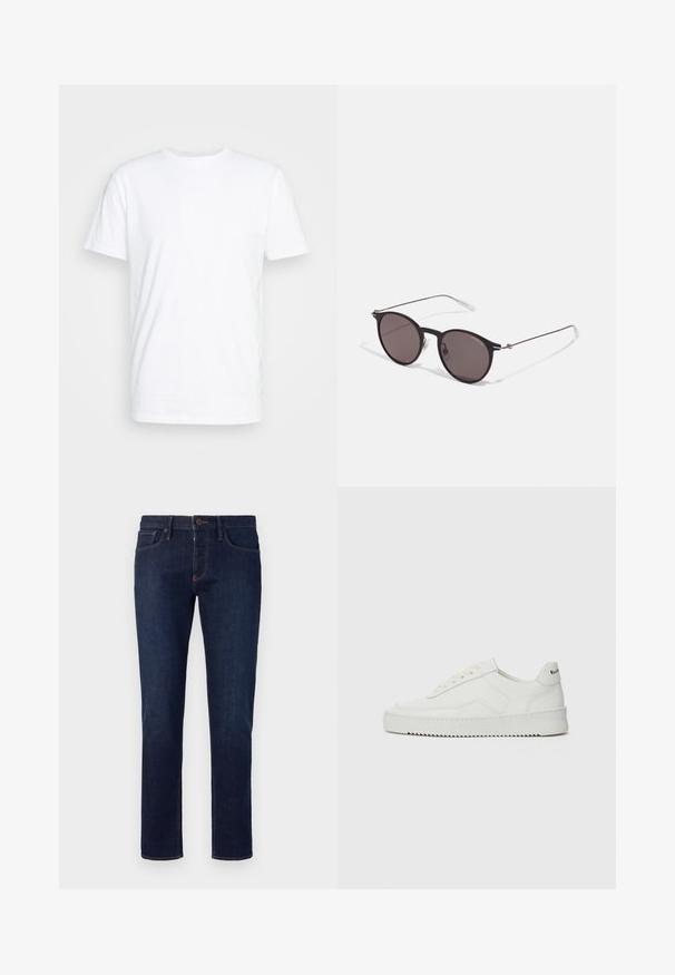 White cotton t-shirt featuring a classic crew neck, short sleeves, and a smooth texture; no patterns or visible logos.; Emporio Armani 5 POCKETS PANT - Slim fit jeans - blue denim; White leather sneaker with a smooth finish, round toe, flat laces, and a textured sole. Features a subtle logo on the heel.; Black round sunglasses with dark lenses and slim metal arms. Includes clear temple tips and silver accents at the hinge. Minimalist design.