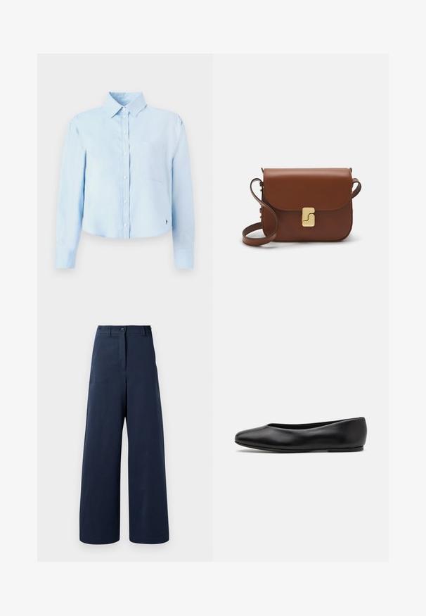 Light blue, long-sleeved cropped shirt with a button-down collar, single chest pocket, and subtle logo on the lower side. Smooth texture.; Navy wide-leg trousers made of smooth fabric, featuring a high waist with two front buttons, two side pockets, and straight hems.; Paul Smith TOPANGA - Ballet pumps - black; Brown leather handbag with a flap closure, gold-tone hardware, a shoulder strap, and a smooth texture. Compact rectangular shape.
