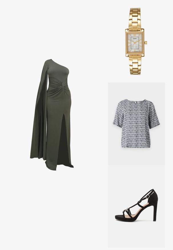 Navy and white patterned short-sleeve top with a round neckline and geometric motifs. Made of lightweight material with a relaxed fit.; Green, one-shoulder dress made of smooth, stretchy fabric. Features a twisted detail at the waist and a thigh-high slit on one side.; Black suede high-heeled sandal with crisscross straps, a decorative silver-tone accent, and a platform sole for added height.; Silver metallic clutch with an angular envelope design, smooth texture, and contrasting interior color, held in a hand wearing a black coat.; Gold-tone rectangular wristwatch with a white dial, silver-tone hour markers, and a durable metal link bracelet. Water-resistant feature included.