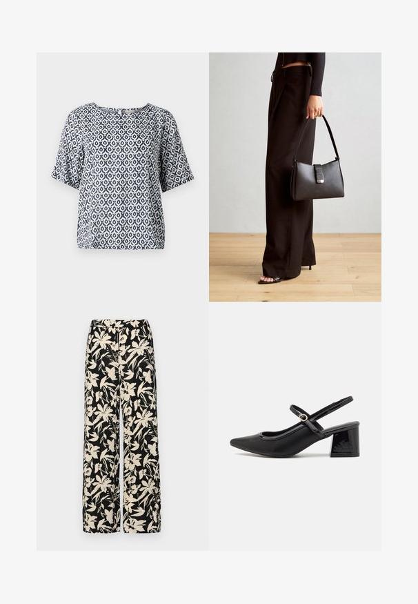 Navy en witte gestreepte top met korte mouwen en een ronde halslijn, versierd met geometrische motieven. Gemaakt van lichtgewicht materiaal met een ontspannen pasvorm.; Zwarte wijde broek met een crèmekleurig bloemenpatroon. Gemaakt van lichtgewicht stof, met een zachte textuur en een hoge tailleband.; Zwarte gepolijste leren slingback hakken met een spitse neus, een ronde uitsnede en een blokhak. Voorzien van een gouden gespaccent.; Zwarte handtas met gestructureerde vorm, gladde textuur en een metalen sluiting. Gecombineerd met brede zwarte broeken en sandalen met open teen op een houten vloer.