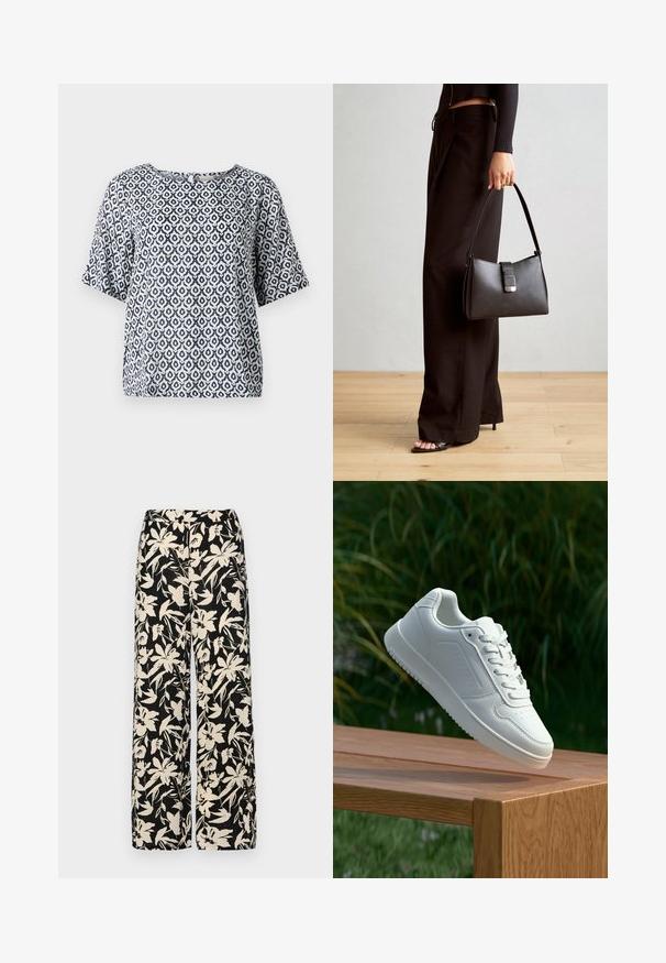 Marineblaues und weißes, gemustertes T-Shirt mit kurzen Ärmeln, runder Ausschnitt und geometrischen Motiven. Hergestellt aus leichtem Material mit lockerer Passform.; Schwarze weit geschnittene Hose mit einem cremefarbenen Blumenmuster. Hergestellt aus leichtem Stoff, mit einer glatten Textur und einem hohen Bund.; Weiße Sneaker mit einem glatten, synthetischen Obermaterial, perforierter Zehenbox, flachen Schnürsenkeln und einer strukturierten Sohle, präsentiert auf einer Holzoberfläche.; Schwarze Handtasche mit strukturierter Form, glatter Textur und einem metallischen Verschluss. Kombiniert mit weiten schwarzen Hosen und offenen Sandalen auf einem Holzboden.
