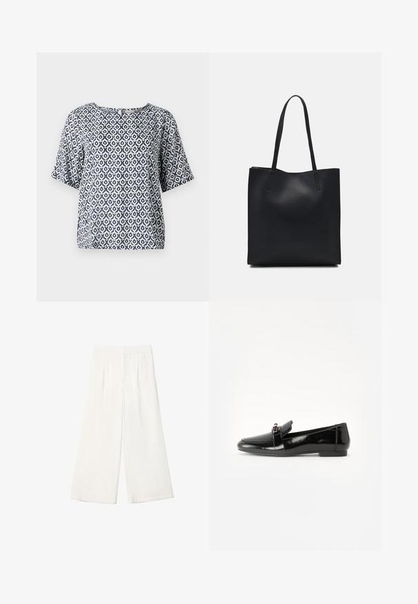 Marineblaues und weißes, gemustertes T-Shirt mit kurzen Ärmeln, runder Ausschnitt und geometrischen Motiven. Hergestellt aus leichtem Material mit lockerer Passform.; Helle, weite Hose aus glattem Stoff. Verfügt über einen flachen Bund und vertikale Falten für zusätzliche Details.; Schwarze Lackleder-Lederschuhe mit flacher Sohle, runder Spitze und einem dekorativen Riemen mit einem goldfarbenen Akzent. Glattes, glänzendes Finish.; Schwarze Laptoptasche aus Leder mit glatter Textur, rechteckiger Form und zwei langen Griffen. Keine sichtbaren Beschläge oder Verzierungen.