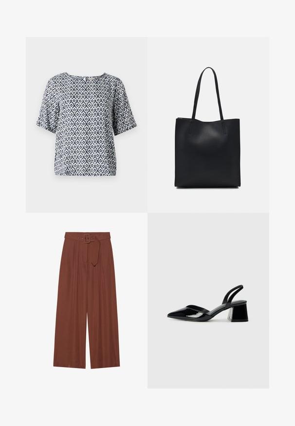 Navy and white patterned short-sleeve top with a round neckline and geometric motifs. Made of lightweight material with a relaxed fit.; Wide-leg trousers in brown fabric, featuring a belt with a square buckle, pleated design, and smooth texture.; Black patent leather slingback heels with a pointed toe and a geometric block heel. Features a sleek, minimal design and smooth texture.; Black leather tote bag with smooth texture, rectangular shape, and two long handles. No visible hardware or embellishments.