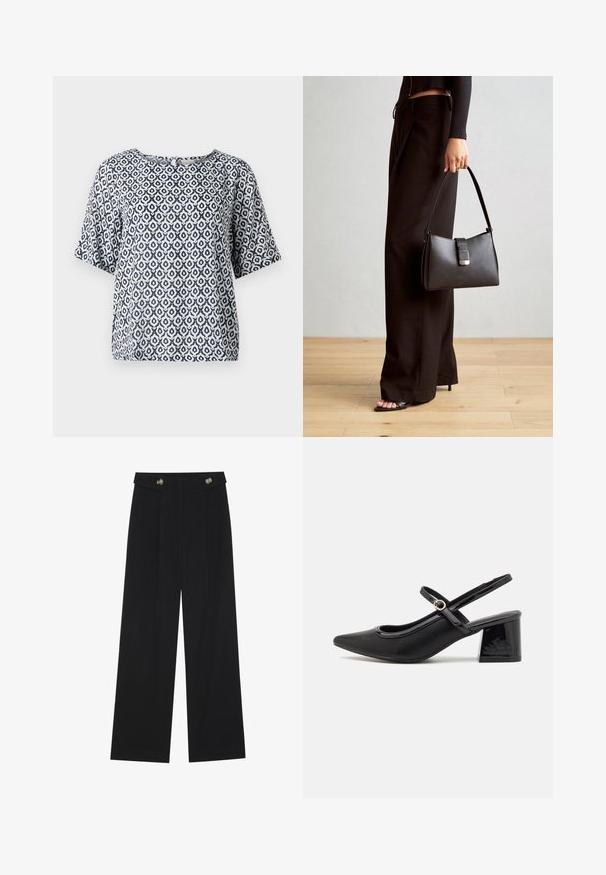 T-shirt de manga curta azul-marinho e branca com decote redondo e motivos geométricos. Feita de material leve com um corte descontraído.; Calças largas pretas com cintura alta, detalhes em botão na cintura e pregas frontais.; Sabrinas de cerâmica preta com salto bloco, bico apontado e um design com recortes arredondados. Apresenta um detalhe em fivela de tom dourado.; Bolsa preta com forma estruturada, textura suave e um fecho metálico. Combinada com calças largas pretas e sandálias de salto aberto sobre um chão de madeira.