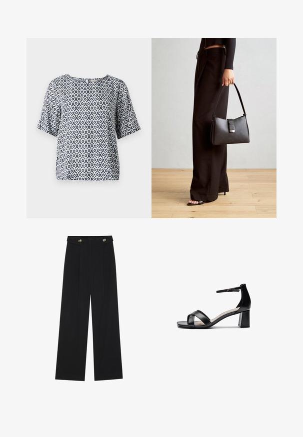 Haut à manches courtes bleu marine et blanc avec un col rond et des motifs géométriques. Fabriqué dans un matériau léger avec une coupe décontractée.; Pantalons larges noirs à taille haute, avec des détails de boutons à la taille et des plis sur le devant.; Sandale à talon ouvert noire avec des brides croisées, une sangle de cheville ajustable et un talon épais, dotée d'une texture en cuir lisse.; Sac à main noir à la forme structurée, texture lisse et fermoir métallique. Associé à un pantalon noir ample et des sandales ouvertes sur un sol en bois.