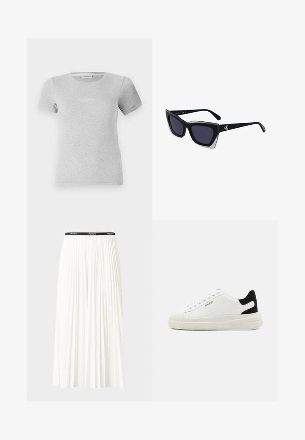 Grijs T-shirt met korte mouwen van ribstof, met een aansluitend ontwerp en een klein wit logo op de borst.; Plisséminirok in het wit met een zwarte elastische tailleband met het "LACOSTE"-logo. Middellange ontwerp met een zachte textuur.; Witte leren sneakers met een dikke witte zool, zwarte suède hielaccent en een geperst logo op de zijkant. Vetersluiting met zes oogjes.; Zwarte oversized zonnebril met een geometrische vorm, voorzien van donkere glazen en een contrasterend grijs detail op het montuur. Logo op de arm.