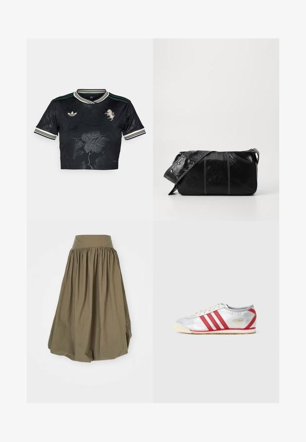T-shirt noir court en jersey avec un design floral en relief, trois rayures sur les manches, logo brodé et col contrasté vert et blanc.; Jupe longueur genou, vert olive, en coton, dotée d'une taille froncée et d'un design plein et fluide avec une texture lisse.; Baskets Adidas avec une tige synthétique argentée, trois rayures rouges, semelle beige et un logo doré sur le côté, présentant un design à profil bas.; Sac à épaule en cuir noir avec une fermeture éclair, doté d'un corps texturé, de coutures blanches et d'une sangle avec des œillets en argent.
