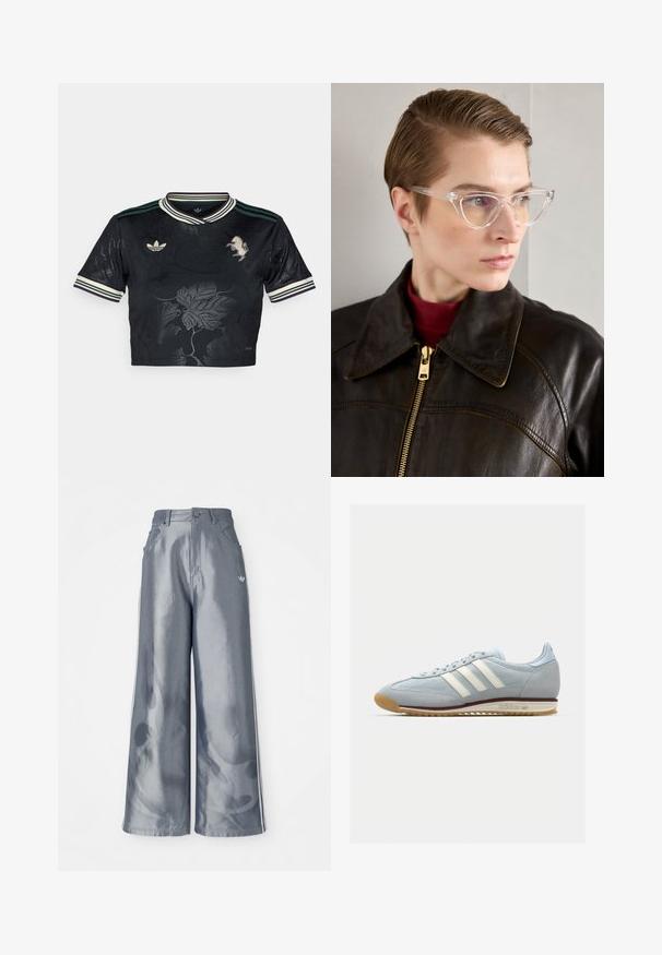 Black cropped jersey with floral embossed design, three stripes on sleeves, embroidered logo, and contrasting green and white collar.; Wide-leg pants in shiny gray material, featuring white side stripes and a flame pattern on the lower legs. Button and zipper closure at the waist.; Light blue suede sneaker with white three stripes, rubber sole, and textured mesh. Features a smooth toe cap and branding on the heel.; Clear acetate cat-eye glasses with yellow tinted lenses, worn by a person in a dark leather jacket and red turtleneck. Smooth texture.