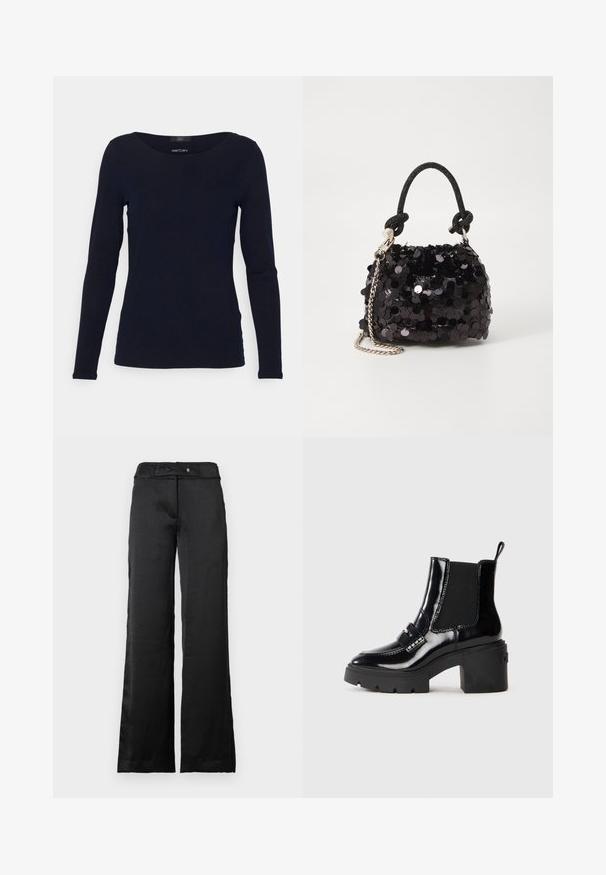 Námornícky modrý top s dlhým rukávom a širokým okrúhlym výstrihom. Vyrobený z hladkej tkaniny, má priliehavý strih a minimalistický dizajn bez ozdôb.; Čierne nohavice so širokými nohavicami a hladkým povrchom, s pásom a zapínaním na gombík. Jednoduchý dizajn, vhodný na rôzne príležitosti.; Čierne lakované členkové čižmy s masívnym opätkom, elastickými bočnými panelmi, dekoračným pásikom a kontrastným prešívaním. Hladká textúra s lesklým povrchom.; Čierna mini kabelka so štrasom, s uzlovým textúrovaným popruhom a strieborným reťazom. Guľatý tvar s riaseným vrchom a reflexnými detailmi.