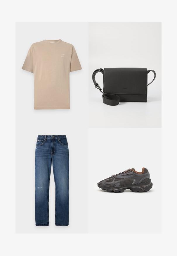 Bežinė medvilnės marškinėliai su trumpomis rankovėmis ir apvalia iškirpte. Viršutinėje kairėje krūtinės pusėje subtiliai atspausdintas prekės ženklas. Lygi tekstūra.; Mėlynos džinsinės kelnės su tiesiu klešnių dizainu. Yra šiek tiek nusidėvėjimo ir šviesių dėmių priekyje, su klasikiniu uždarymu mygtuku.; Lacoste sportbačiai tamsiai pilki, pagaminti iš tinklinės ir sintetinių medžiagų, su tekstūruotu padu ir rudomis detalėmis ant apykaklės bei prekės ženklo.; Juodas odinis per petį nešiojamas krepšys su tekstūruota apdaila, stačiakampio formos, su užsegimu ant dangtelio, reguliuojama juosta ir subtiliu logotipo akcentu.