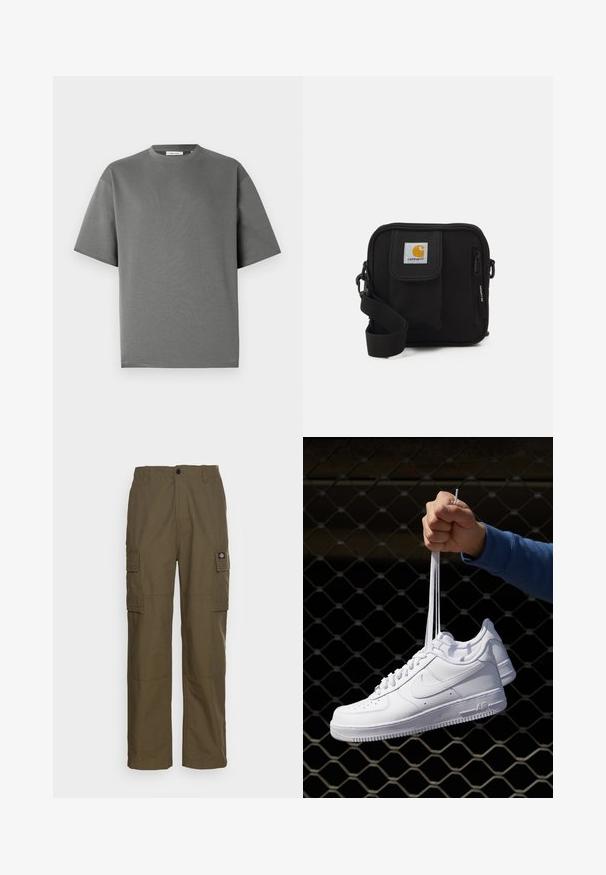 T-shirt gris à manches courtes en coton doux, avec un décolleté rond et une coupe décontractée, présentant des détails de couture minimalistes.; Pantalons cargo en vert olive, fabriqués en tissu durable. Présentent deux poches latérales, une taille standard et une coupe droite.; Baskets en cuir blanc avec perforations, à bout rond, semelle plate et lacets épais, arborant un logo swoosh visible et "AIR" sur le talon.; Sac bandoulière noir avec un compartiment principal zippé, une poche frontale, une sangle ajustable et un patch logo visible sur le rabat.