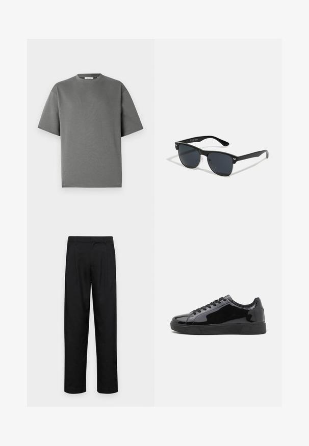 Short-sleeve gray t-shirt made from soft cotton, featuring a round neckline and a relaxed fit with minimal stitching details.; Black trousers made of smooth fabric, featuring a straight-leg design, two front pleats, and standard waistband with belt loops.; Black patent leather sneakers with a round toe, flat rubber sole, and black laces. Smooth, shiny texture on upper surface.; Black sunglasses with a rectangular shape, dark lenses, silver accents at the temples, and a matte finish on the frame.