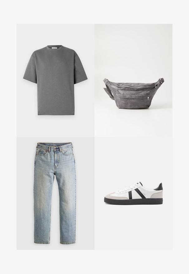 Īsām piedurknēm pelēks T-krekliņš, izgatavots no mīksta kokvilnas, ar apaļu kakla izgriezumu un brīvu piegriezumu ar minimālām šuvju detaļām.; Gai zila denima bikses ar augstu jostasvietu, priekšējo pogu, rāvējslēdzēju un piecu kabatu dizainu, izlīdzinātas uz neitrāla fona.; Baltas sneakeris ar melniem un pelēkiem akcentiem, kuram ir teksturēts pelēks purngals, melna gumijas zole un plakanas baltas šņores. Tīrs dizains, minimālisma stils.; Pelēks zamšādas jostas somiņa ar noapaļotu formu, divām kabatām ar rāvējslēdzējiem un regulējamu siksnu. Iekļauj metāla aksesuārus.