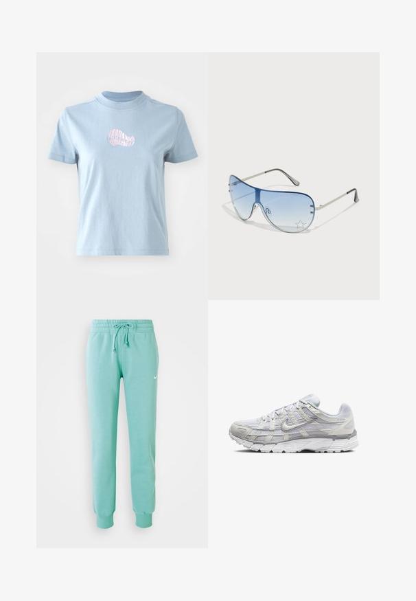 Lys blå bomull t-skjorte med korte ermer og høy hals, med et lite rosa brodert skjell-design foran.; Mintgrønne sweatpants med elastisk talje, snøre og ribbede manchetter. Har et lille hvidt Nike-logo på venstre lår.; Lys grå sportsko med overdel i mesh og syntetisk materiale, med snøring, polstret krave og strukturert såle for grep.; Pilotbriller med gradient blå linse, sølvfarget metallramme og dekorative stjerneaksenter på linsen. Glatt og stilren design.