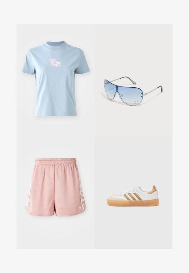 Svijetloplavi pamučni majica kratkih rukava s visokom ovratnikom, s malim ružičastim izvezenim uzorkom školjke sprijeda.; Roza atletska kratka hlača z elastičnim pasom, stransko belim črtanjem in majhnim logotipom na dnu levega sprednjega dela. Gladka tekstura tkanine.; Bela športna obutev z bež poudarki, ki vsebuje tri črte, zaobljen prst in prozoren gumijast podplat. Gladka usnjena in tekstilna materiala.; Pilotne sončne očala z gradijentnimi modrimi lečami, srebrnim kovinskim okvirjem in okrasnimi zvezdastimi detajli na lečah. Gladek in eleganten dizajn.