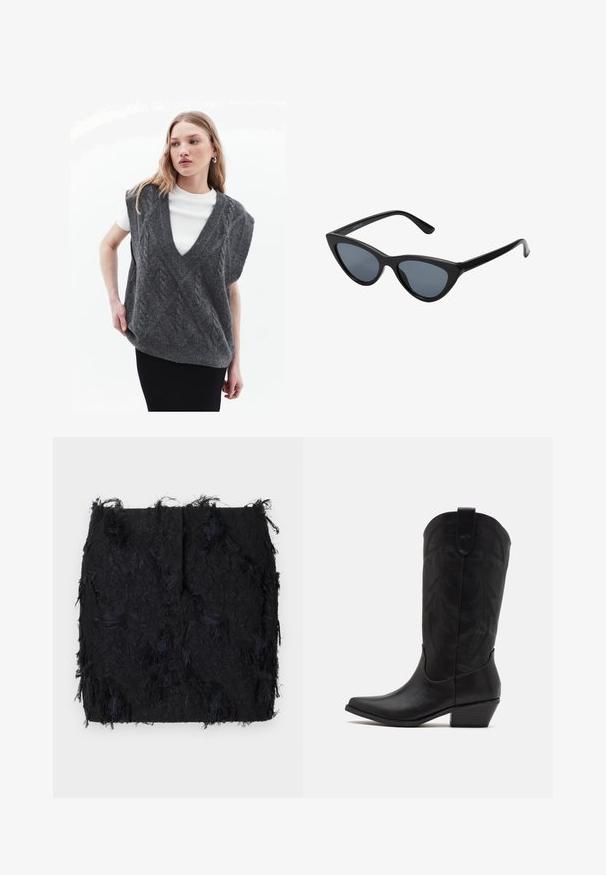 Grau gestrickte Weste mit V-Ausschnitt, die ein Zopfstrickmuster und kurze Ärmel aufweist, über einem weißen Hemd getragen, vor einem hellen Hintergrund.; Schwarzer Textrock mit einer geschichteten Fransen-Optik und einem leicht unregelmäßigen Saum, gefertigt aus einem leichten Stoff.; Schwarze Leder-Cowboystiefel mit spitzer Zehenform, niedrigem, gestapeltem Absatz und kunstvollem, geprägtem Blattmuster am Schaft. Schleife am oberen Ende für einfaches Anziehen.; Schwarze Cat-Eye-Sonnenbrille mit dunkelgrauen Gläsern, schlankem Kunststoffrahmen, spitzen Ecken und geraden Bügeln. Keine sichtbaren Befestigungen oder Akzente.; Burgunderfarbene Lederhandtasche mit geschwungener Form, goldenen Akzenten an den Beschlägen und einem Reißverschlussverschluss. Verfügt über einen abnehmbaren Schultergurt.