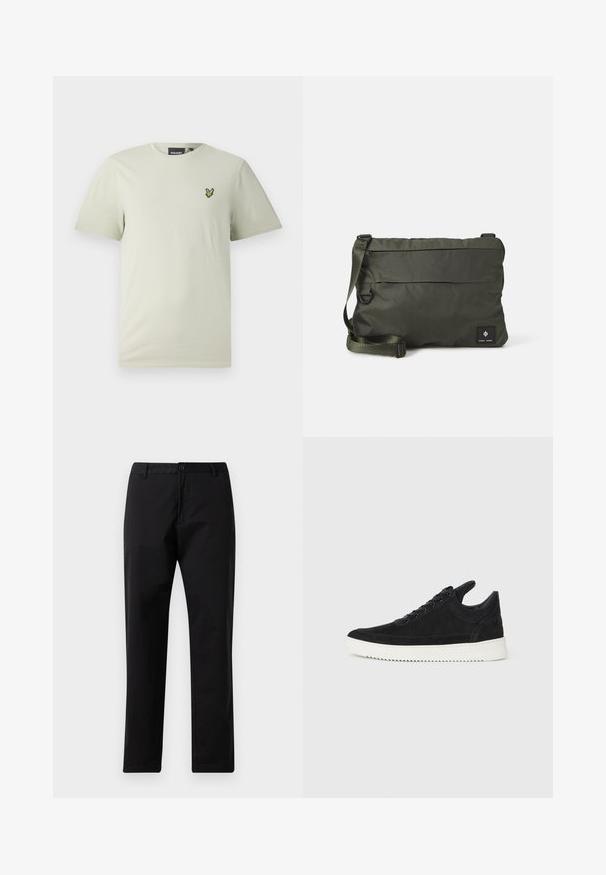 Világoszöld pamut póló rövid ujjakkal és kerek nyakkal, bal mellrészen kis zöld hímzett logóval.; Fekete egyenes szabású nadrág gombos és cipzáras záródással, övhurkokkal és elülső zsebekkel, fehér háttérre kihelyezve.; Fekete nubuk sportcipő fehér gumitalppal, tónusos varrással és fűzős kialakítással. Simák a textúrája, modern, letisztult formával rendelkezik.; Olíva zöld üzenetküldő táska tartós anyagból, elülső cipzáras zsebbel, állítható pánttal és minimális márkázással.