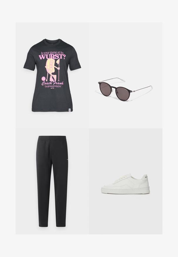 Mustapaita, jossa on leikkisä grafiikka vaaleanpunaisesta hotdog-hahmosta sekä tekstiä golfista ja valmentaja Frankista. Lyhyet hihat ja pyöreä kaula-aukko.; Mustat verkkarit, jotka on valmistettu pehmeästä kankaasta. Niissä on joustava vyötärö, suorat lahkeet ja pieni logo-yksityiskohta sivulla.; Valkoinen nahkakenkä, jossa on sileä pinta, pyöreä kärki, tasaiset nauhat ja teksturoitu pohja. Sisältää huomaamattoman logon kantapäässä.; Musta pyöreä aurinkolasit tummilla linsseillä ja kapeilla metallikehyksillä. Sisältää kirkkaat temppelet ja hopeiset yksityiskohdat saranassa. Minimalistinen muotoilu.