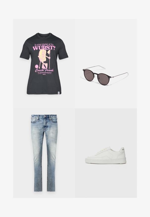 Must värvi puuvillane t-särk, millel on mänguline graafika roosast hotdogi tegelasest ning tekst golfing'u ja treener Franki kohta. Lühikesed varrukad ja ümar kaelus.; Heledad sinine teksapüksid, mis on kulunud viimistlusega, kitsas lõige, viis taskut ja kontrastõmblused õmblustes.; Valge nahast tennis, millel on sile põhi, ümar varvas, lamedad nöörid ja tekstuuriline tall. Sisaldab diskreetset logo kontsaribal.; Mustad mustad prillid tumedate läätsedega ja õhukeste metallist käepidemetega. Kaarja kujuga seljaosa ja hõbedased aktsendid hingel. Minimalistlik disain.